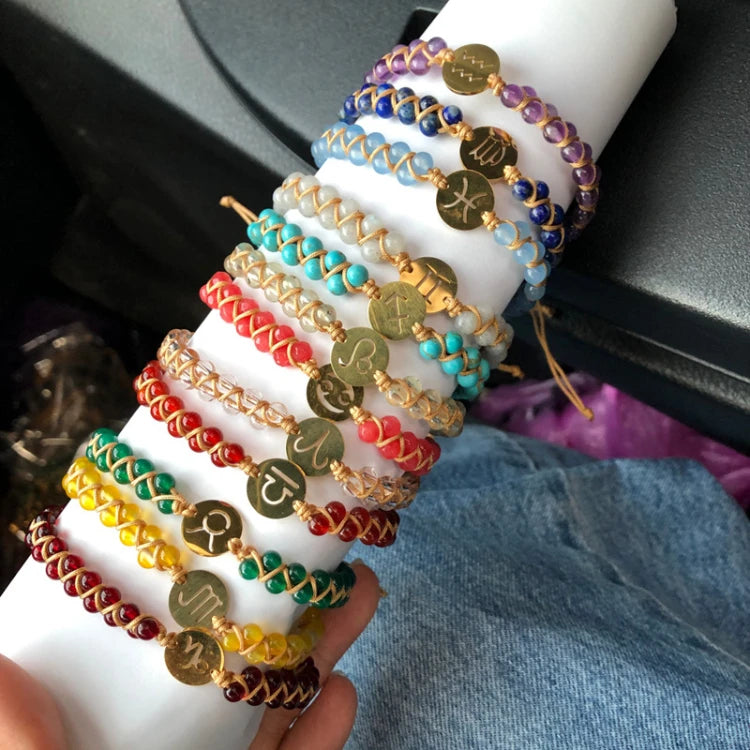 G1238 12 Zodiac Signs Astrology Chain Bracelets Natural Stone Beads Double Layers Woven Braided Beaded Horoscope Bracelet