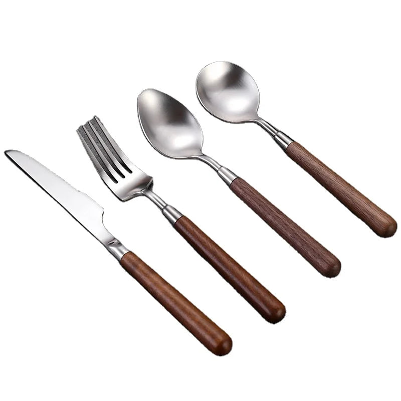 Wooden Handle Metal High Quality Matt Piece Flatware Knife Fork Spoon and Tea Spoon Silver Stainless Steel Cutlery