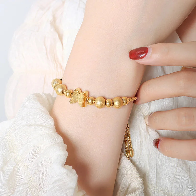 Romantic Matte Ball 3D Butterfly Beaded Charm Bracelet Stainless Steel Snake Chain Bracelet