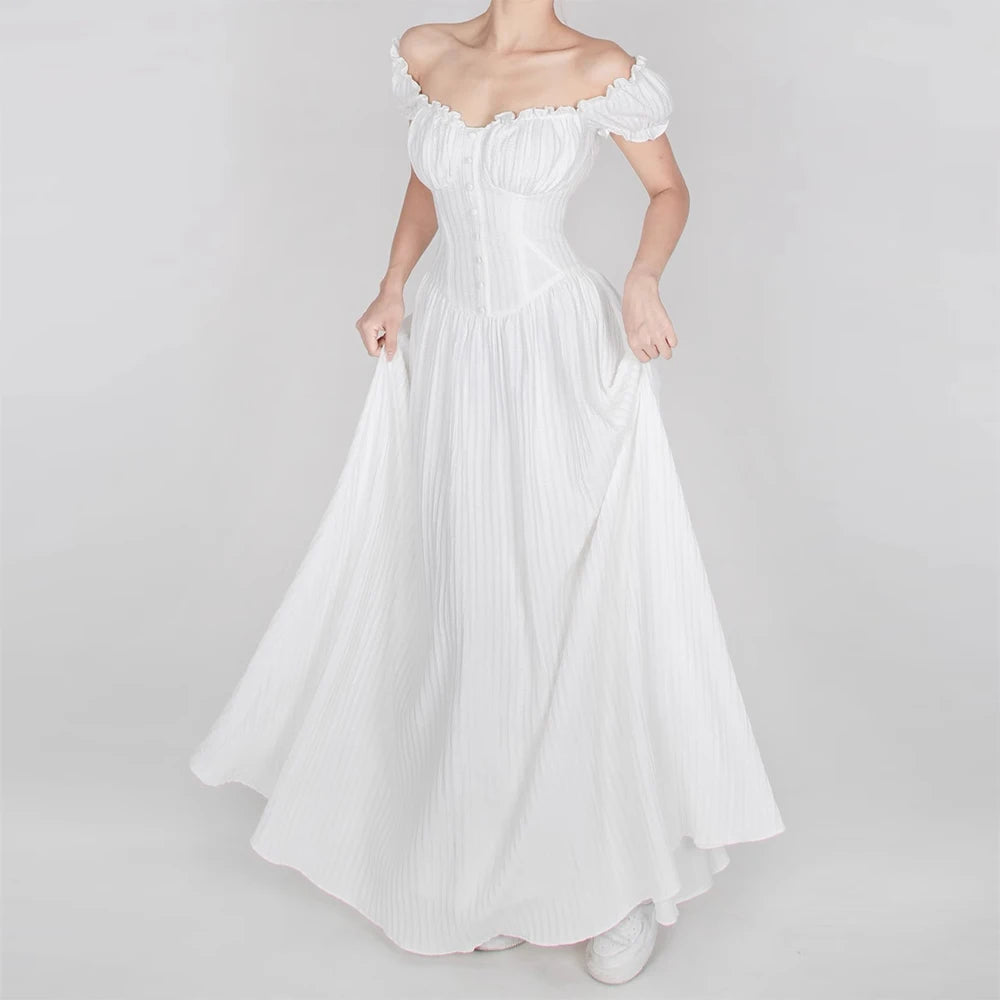 OEM Niche's Elegant Goddess White Dress Long Floor-Length One-Line Collar Shoulder Casual Seaside Resort Style for Solid Natural
