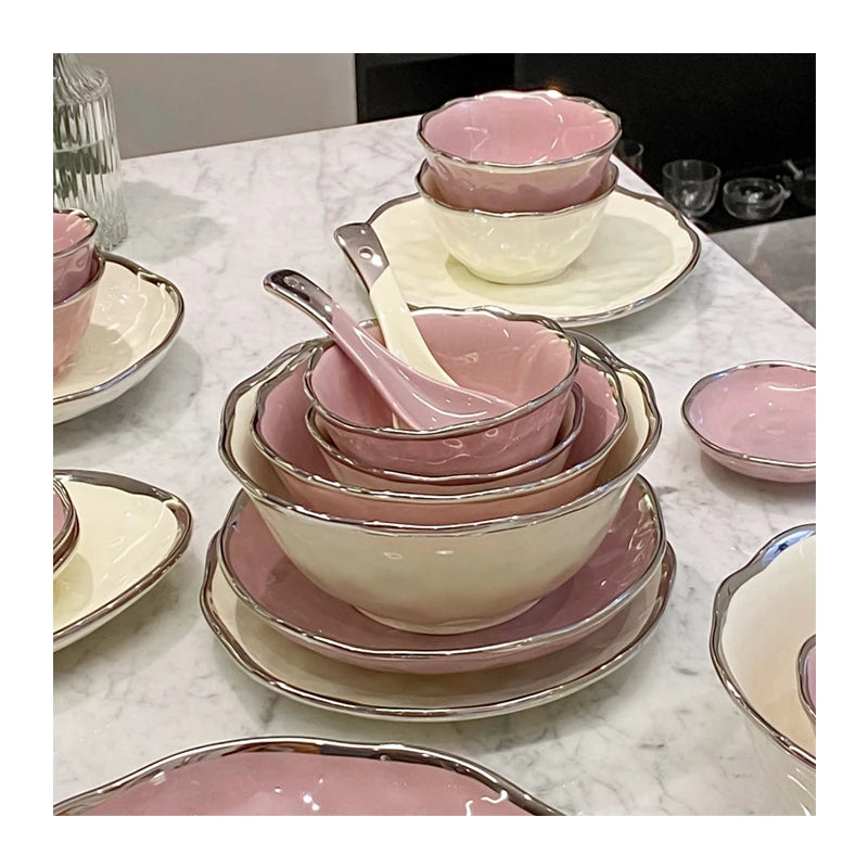 Wholesale Pink/White Ceramic Plates Bowls Sets for 4 People User Wave Pattern Ceramic Set Porcelain Dinnerware Set With Gift Box