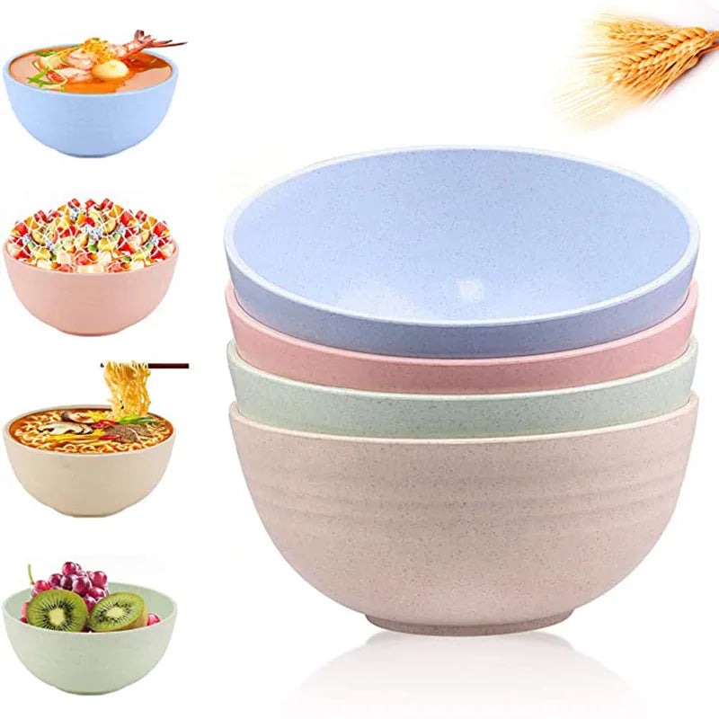 Eco-Friendly 4-Pcs Wheat Straw Tableware Set Includes Fragrant Rice & Noodle Soup Salad Fruit Bowl for Your Healthy Meals