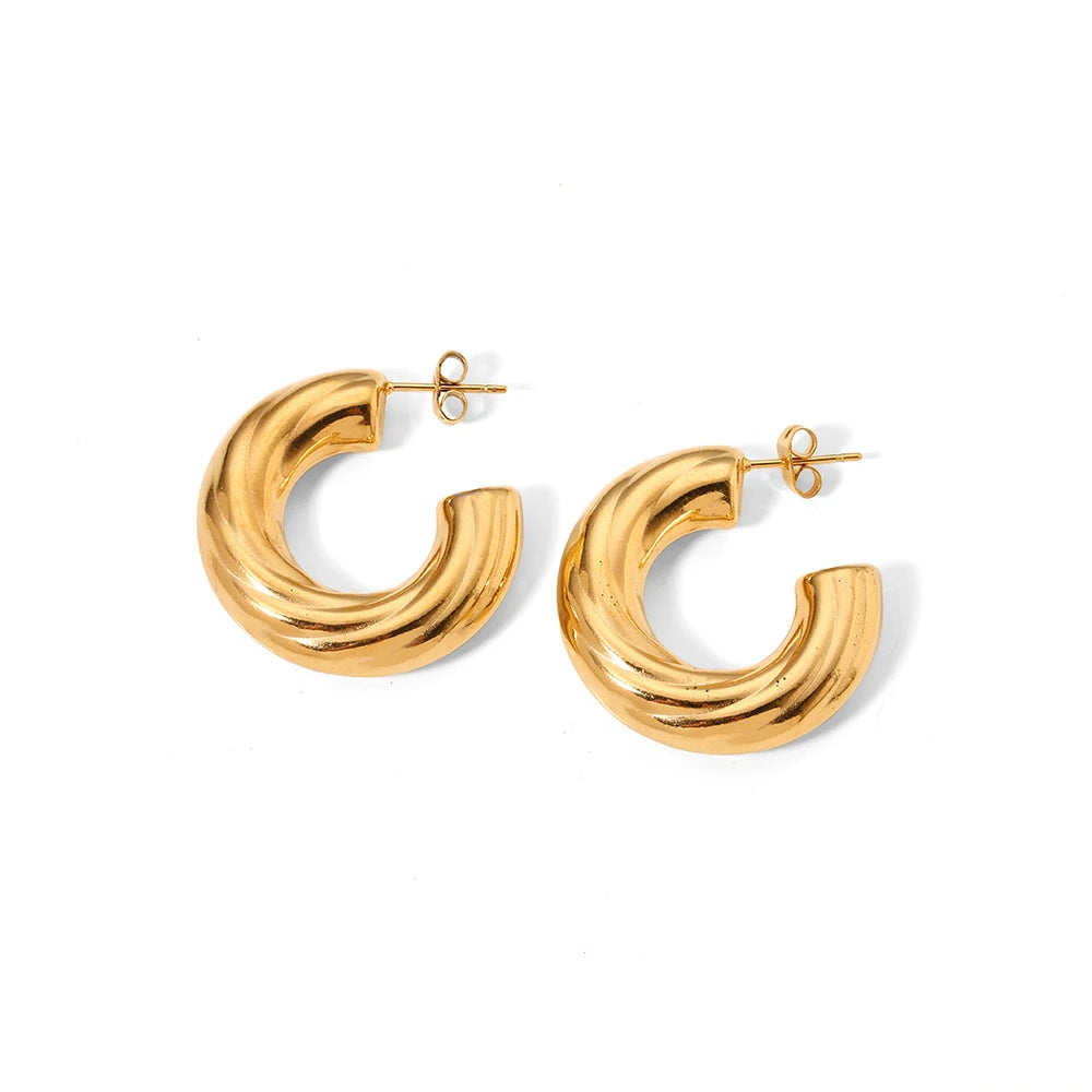 New Design Titanium Steel 18K Gold 30MM Semi Circle Twisted Textured CC Hoop Earrings Logo for Women Gift