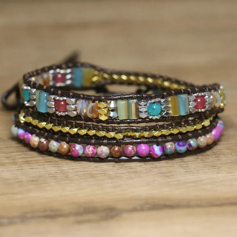 Imperial Jasper Beaded Bracelet for Women Jewelry Natural Gemstone Sea Sediment Handwoven Charm Leather Wrap Boho Bracelet