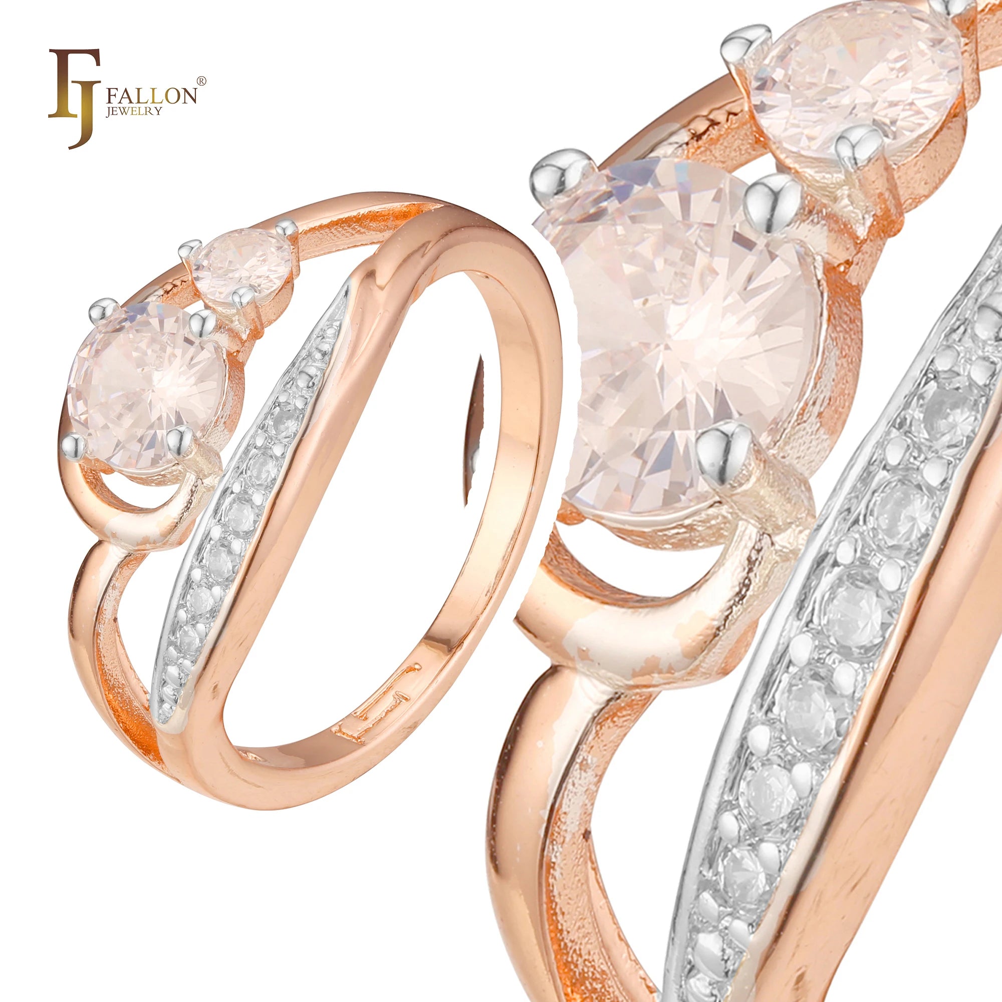 FJ Fallon Fashion Jewelry Solitaire Rings Paving CZs Plated in Rose Gold Two Tone Brass Based