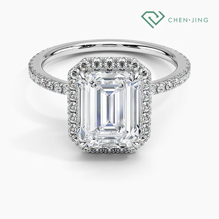 Customizable 14k/18k Solid Gold Halo Emerald Shape Fine Jewelry Band Ring with Lab Grown Diamond for Engagement