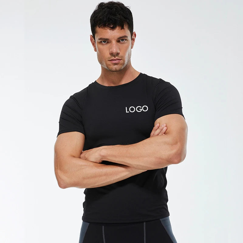 Fitness T-shirt Custom Logo 85% Polyester Short Sleeve Gym Workout Sports Compression Shirt for Men