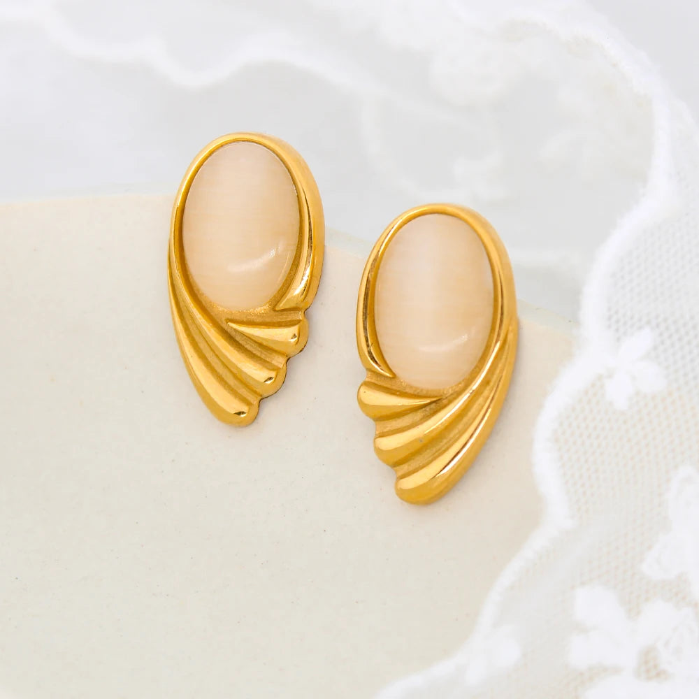 Oval Pigeon Egg Stainless Steel Wing Stud Earrings Symmetrical Earring Girl Waterproof Natural Stone Jewelry