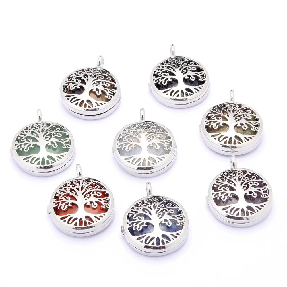Silver Tree of Life Gemstone Pendant for Making Jewelry Necklace Women Men  Healing Chakra Crystal Stone Charm  Decorative