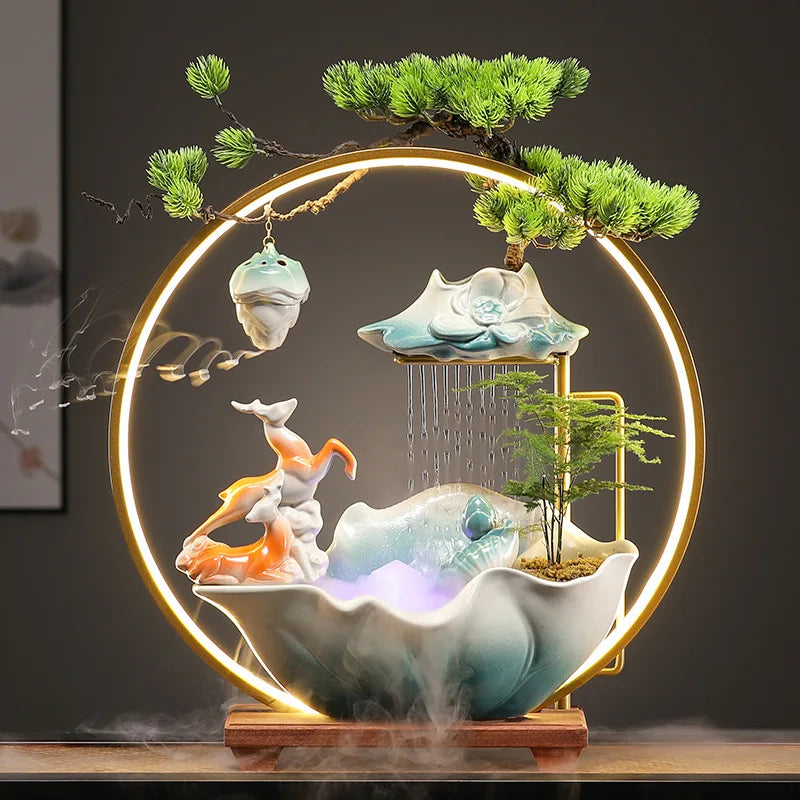 2024 New Ceramic With Table Lamp Usb Led Light Backflow Waterfall Incense Burner for Home Decor