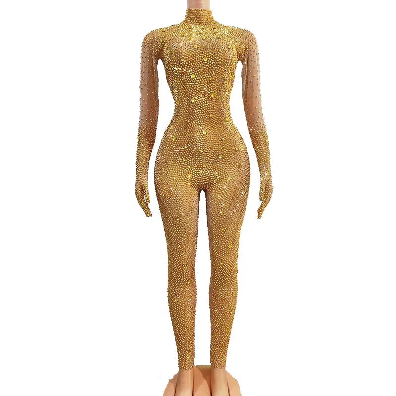 Sexy Long Sleeve Rhinestone Bodysuits Show Cosplay Costume Club Party Dancer Leotard Bodycon Romper Women One Piece Jumpsuits
