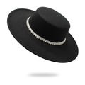Elegant Women Lady Fashion Dress Pearls Design Flat Top Wide Brim Hat Boater Flat Top Fedora Hats