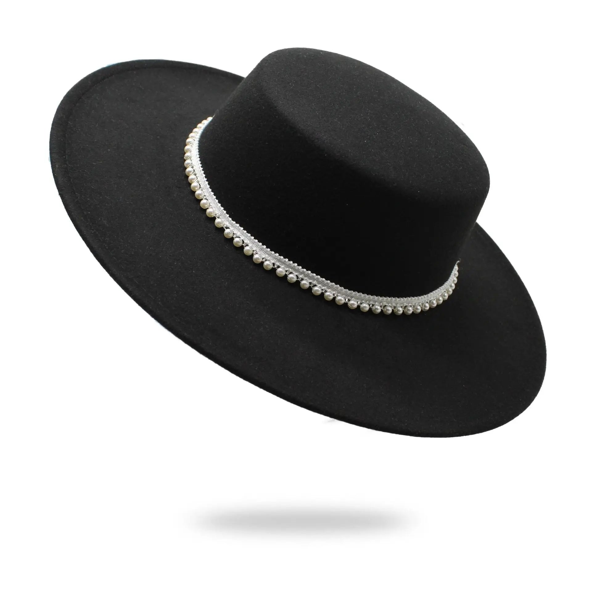 Elegant Women Lady Fashion Dress Pearls Design Flat Top Wide Brim Hat Boater Flat Top Fedora Hats