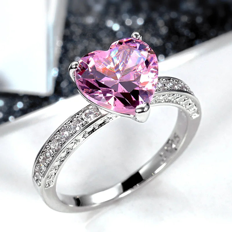 Fashion Ring Copper Material Jewelry Cubic Zirconia Band Women CZ Stone Ring Heart-shaped pink Diamond Zircon Ring