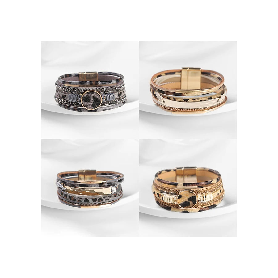 Leopard Print Multi-layer Bracelet Leather Rope Mixed Color Leather Bracelet Magnetic Buckle Bracelet