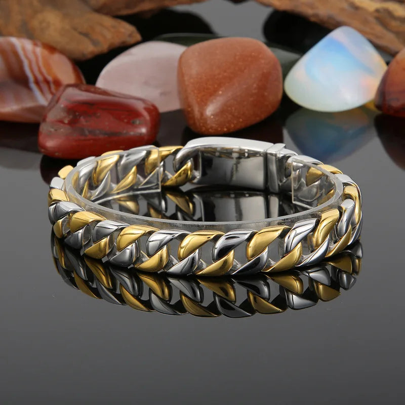 High Casting Cool Men Chain Heavy Bracelet Stainless Steel 18k Gold Plated Rainbow Link Chain Bracelet Jewelry with Box Clasp