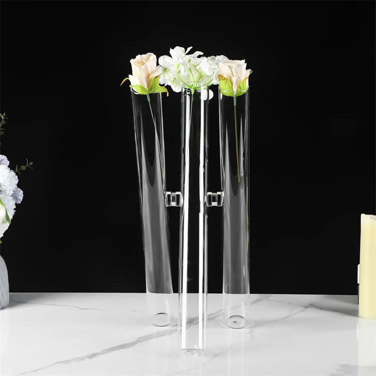 2025 New Latest Design 3 Glass Cylinder Set Vase Rose Table Wedding Gold Vase Centerpiece Acrylic Flower Stand