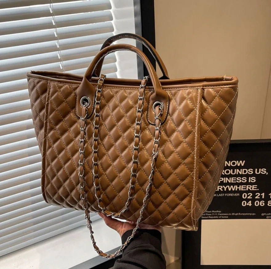 Luxury Brand Designer PU Leather Handbag Women's Chain Tote Bag Female Large Capacity Lattice Shoulder Bag