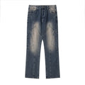 Cut Stitching Loose Straight Casual Blue Jeans for Men 100% Cotton Breathable Button Detail Vintage Summer Spring
