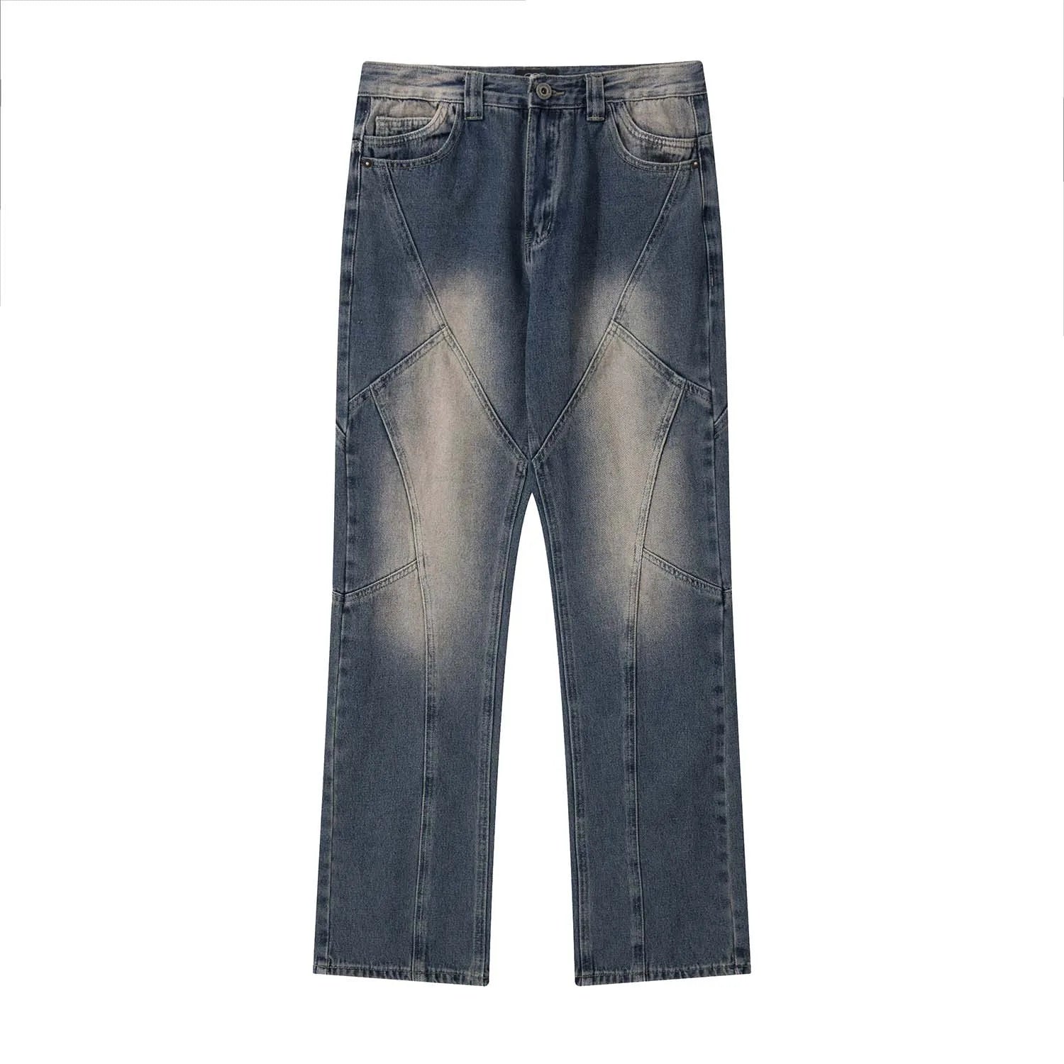 Cut Stitching Loose Straight Casual Blue Jeans for Men 100% Cotton Breathable Button Detail Vintage Summer Spring