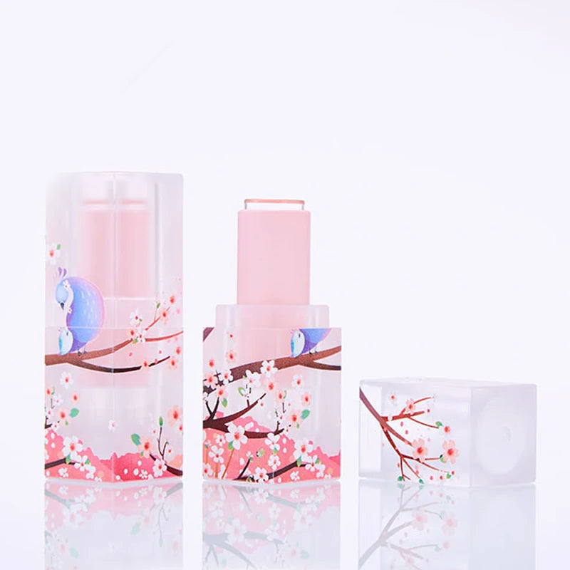 Yueshunxing 12.1mm Wholesale Custom DIY Manual Lipstick Tube Translucent Frosted Antique Azalea Bird square Empty Lipstick Tube