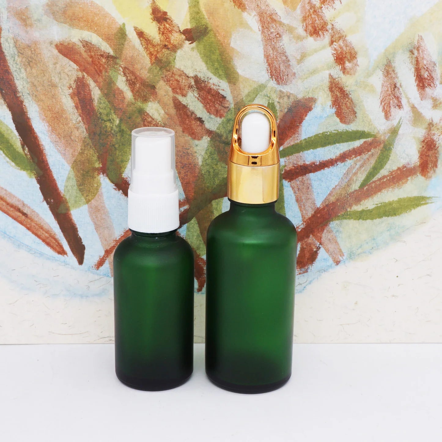 Frosted Green 2 oz 20ml Glass Dropper Bottles with White Fine Mist Lid
