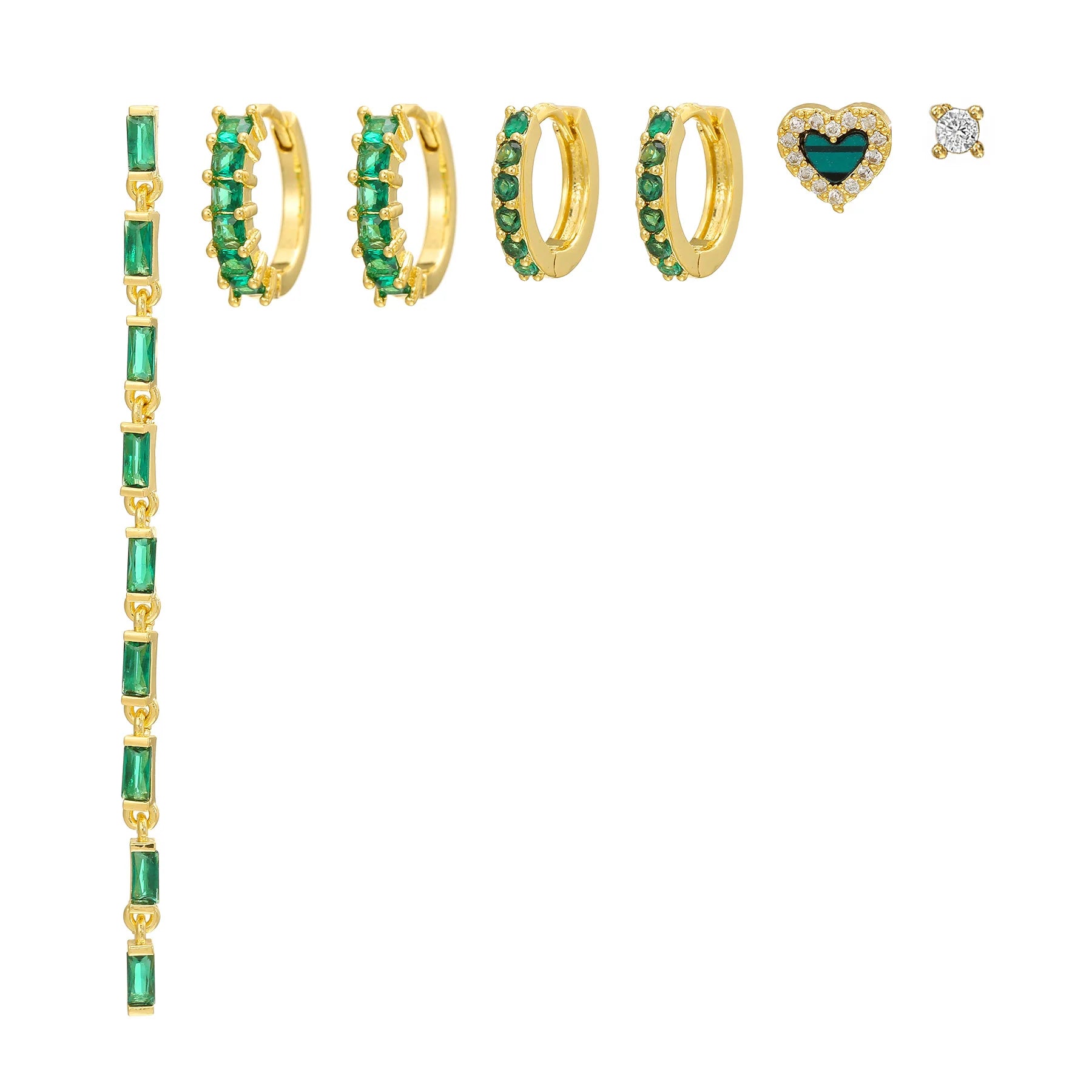 7Pcs Romantic Heart Green Gemstone Tassel Earrings with S925 Silver Studs Gold Plated Nature-Inspired Earrings Set