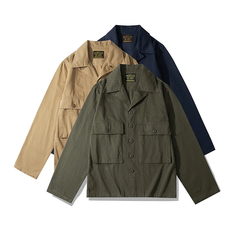 Men's 100% Cotton Autumn Streetwear Coated Safari Style Multi-Pockets Canvas Cargo Hunting Jacket