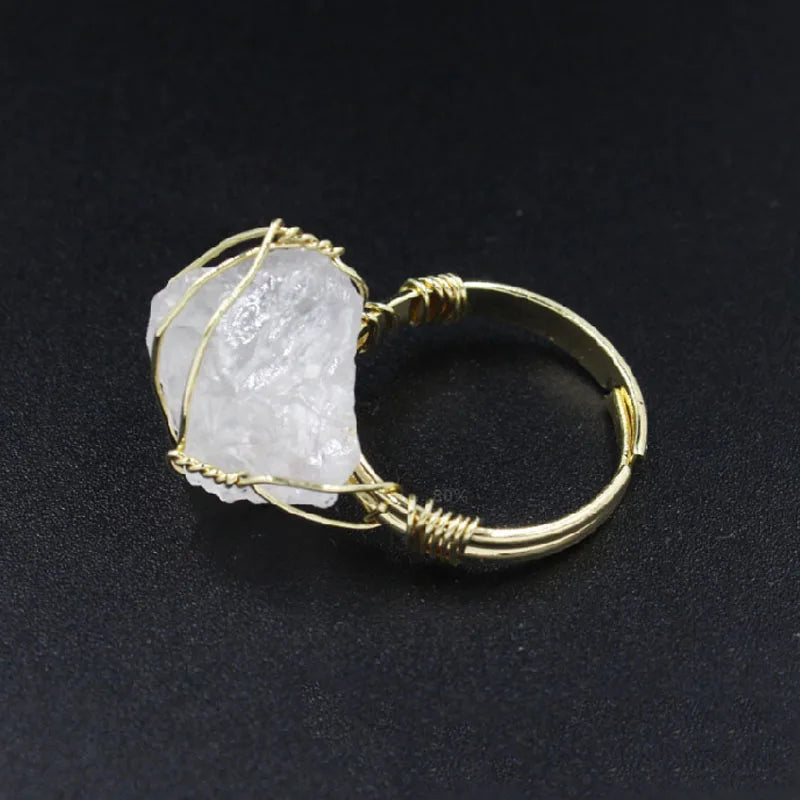 HOVANCI Creative 5 Gold Plated Wire Wrap Natural Stone Amethyst Open Rings Adjustable Irregular White Crystal Finger Rings