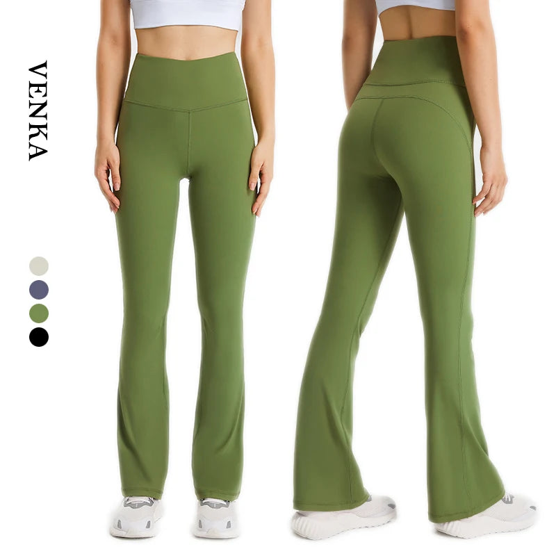 Women's High Waist Casual Nylon Yoga Pants Flared Movement Custom Logo Gym Leggings with Solid Pattern Girl's Gym Yoga Trousers