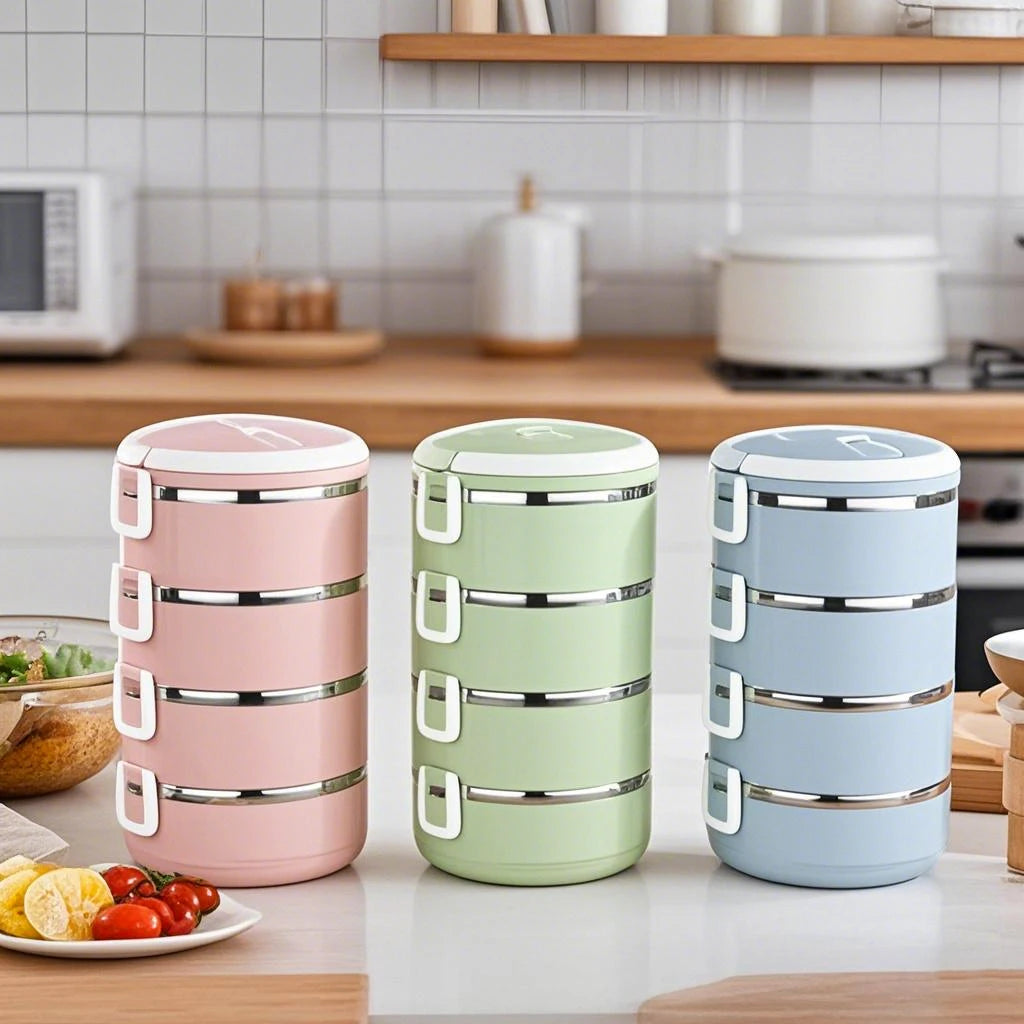 Stainless Steel Insulated Lunch Box With Compartments Double-Layer Three-Layer Four-Layer Student and Adult Round Lunch Box