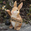 Solar Powered Welcome Rabbit Garden Statue with Vintage Lantern Realistic Bunny Holding "Welcome" Sign for Outdoor Patio Decor