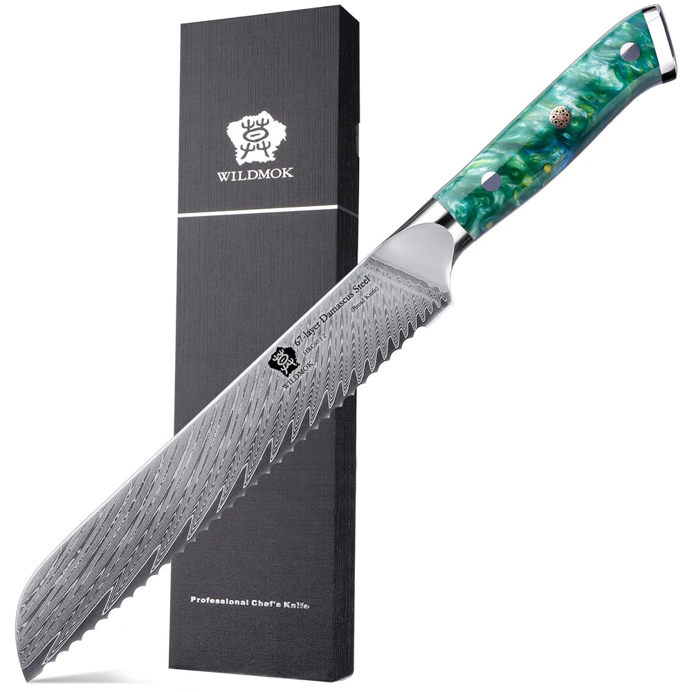 WILDMOK Damascus Serrated Steel Bread Knife 8 Inches Serrated Bread Knife Ergonomic Full Tang Green Resin Handle