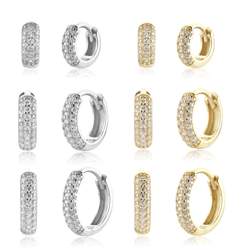 FUAMAY Rhodium Jewelry 925 Sterling Silver Earrings Three Rows Diamond Wide Faced 6mm 8mm 10mm Hoop Earrings