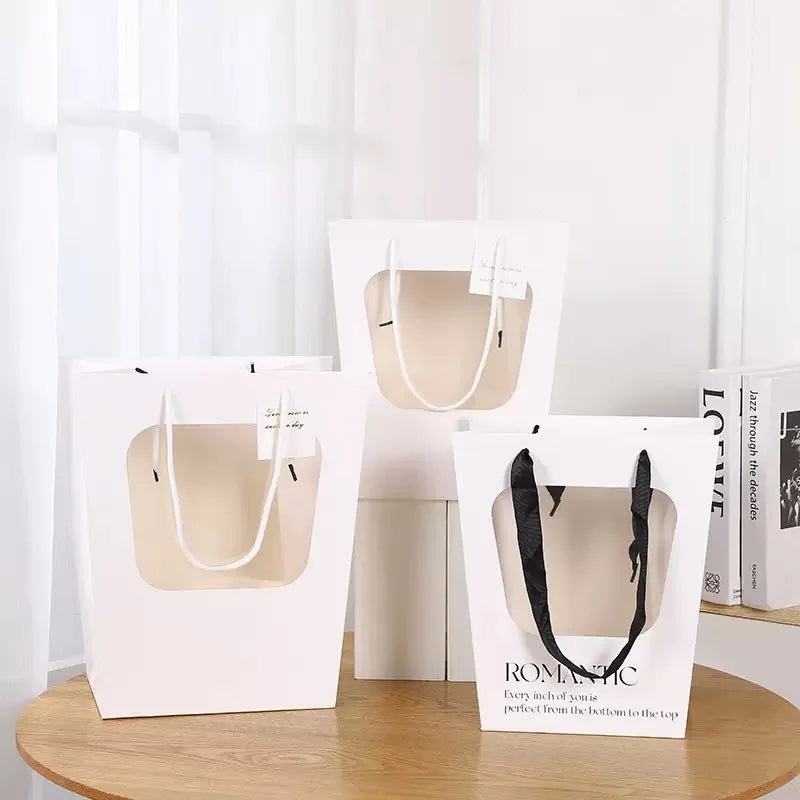 Wholesale Trapezoidal Gift Bags Luxury Shopping Gift Flower Paper Bag With Clear Window