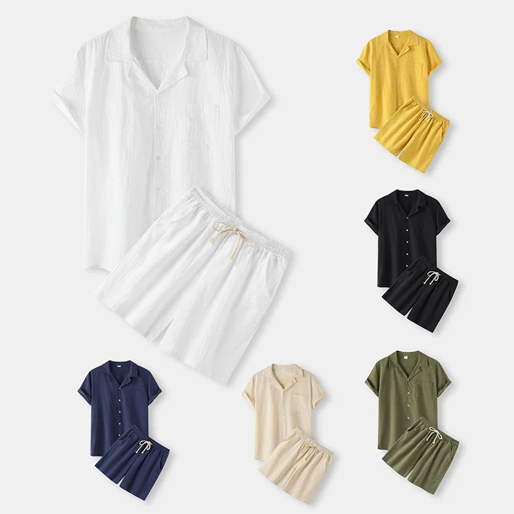 Wholesale Men Outfit Set Summer New Mens Solid Color Short-sleeved Shirt Shorts Suit Men's Cotton and Linen Casual Suit