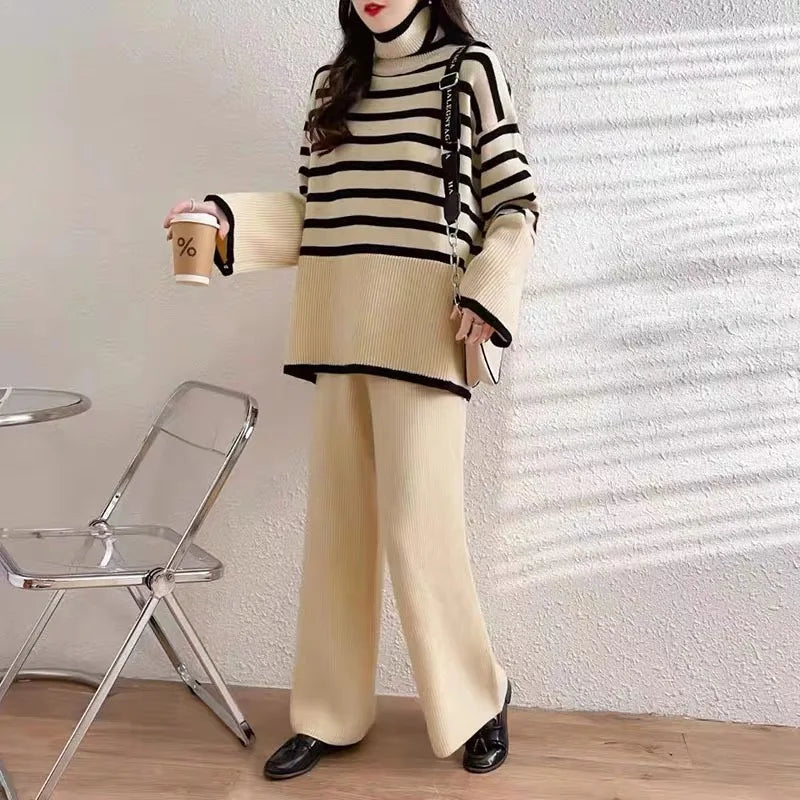 Wholesale 2026 Spring and Autumn Fashion Loose Turtleneck Thickened Striped Contrasting Sweater Elastic Knitted Women's Suit