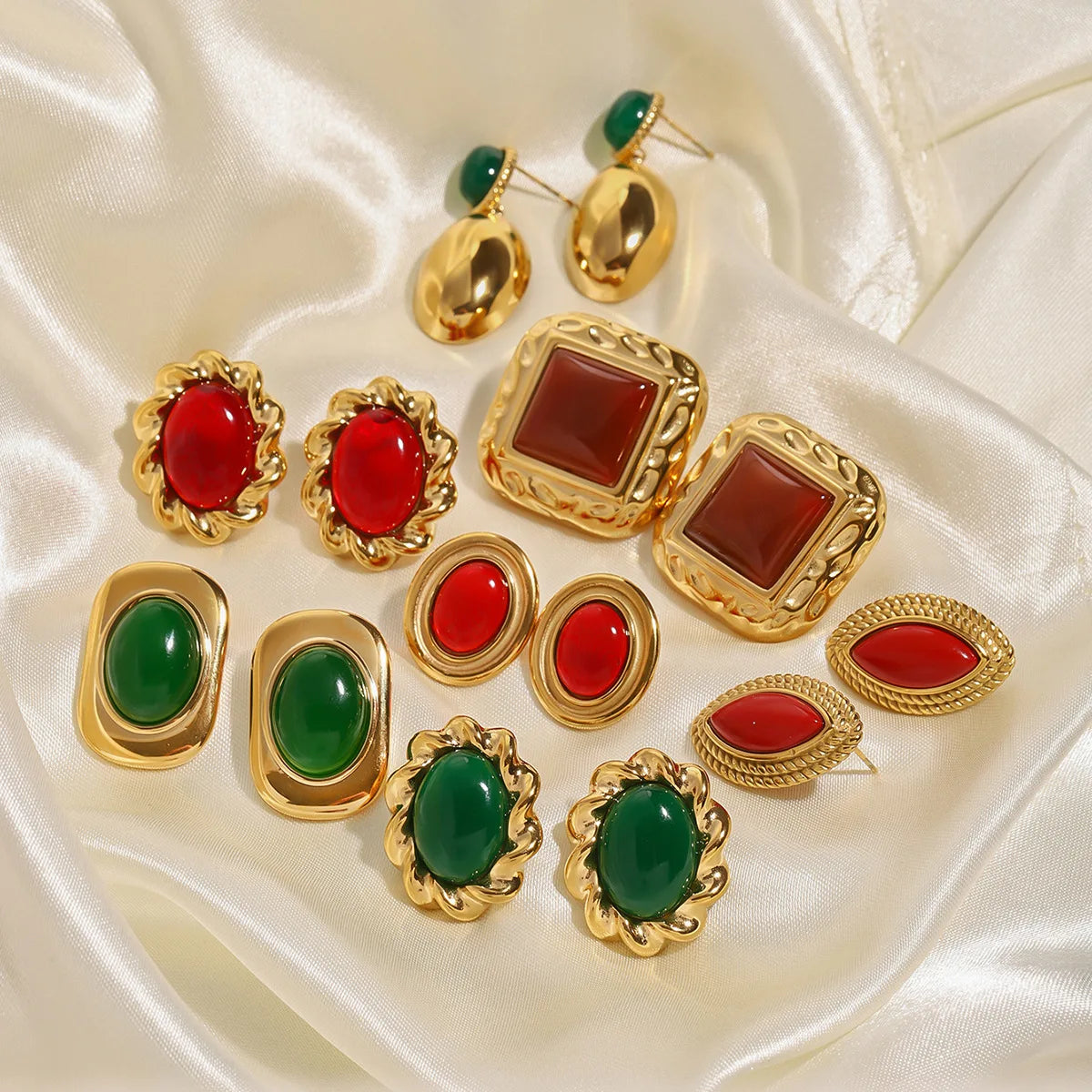 Ilona Classic Vintage Women's Stainless Steel Stud Earrings Green Red Agate with 18K Gold Plating for Fashion or Gift