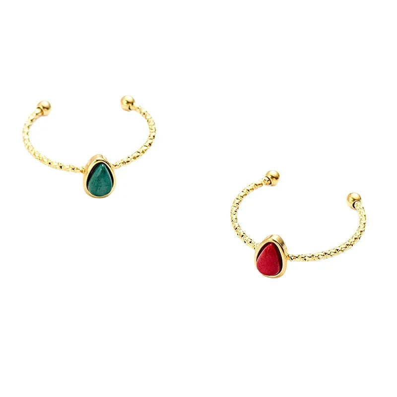 New Arrival Stackable Natural Gemstone Rings Adjustable Stainless Steel Water Drop Stone Malachite Ring for Women