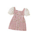 80-140cm  Tweed Plaid Pearl Button Small Wool Ball Decoration Small Fragrant Bubble Sleeve Dress Children's Dress