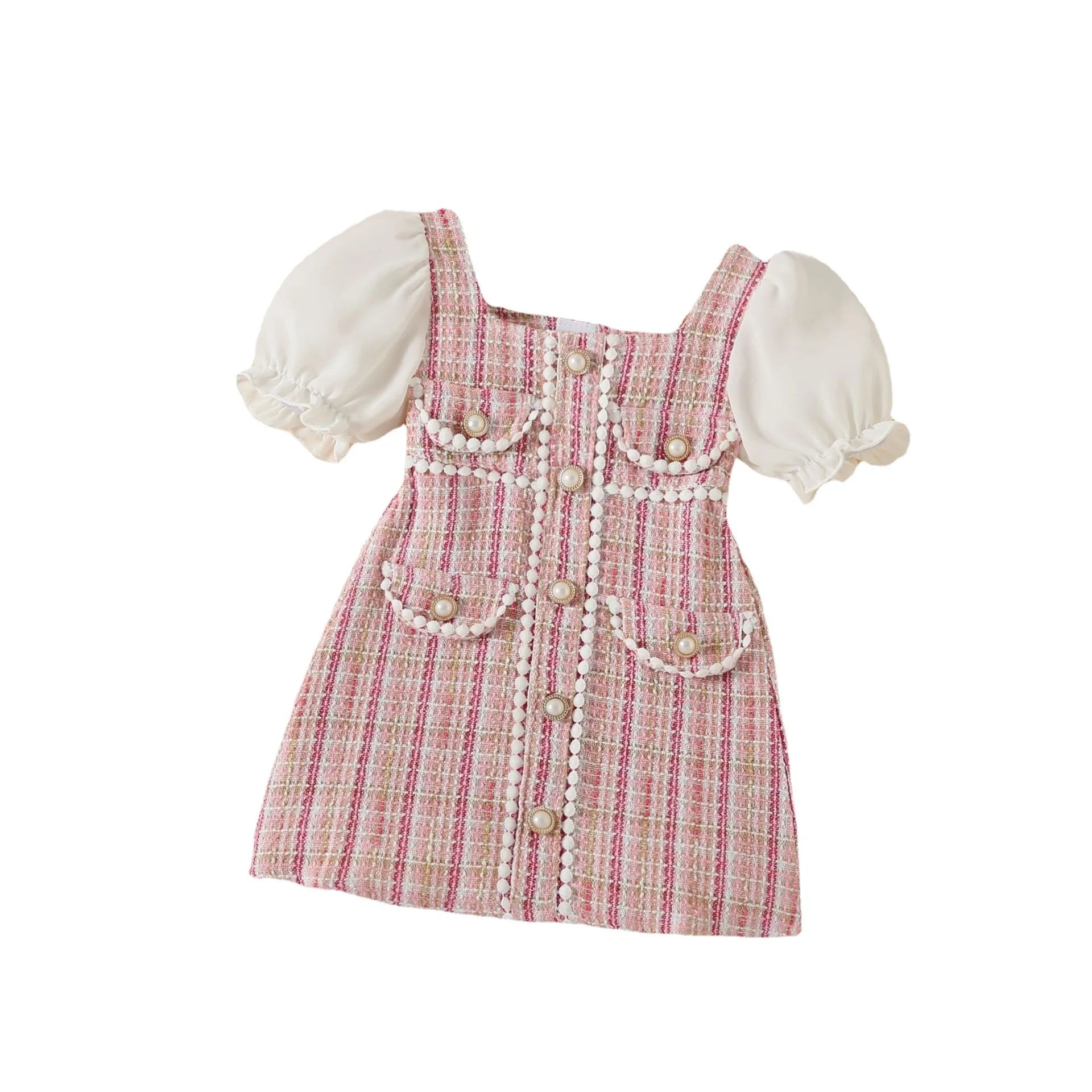 80-140cm  Tweed Plaid Pearl Button Small Wool Ball Decoration Small Fragrant Bubble Sleeve Dress Children's Dress