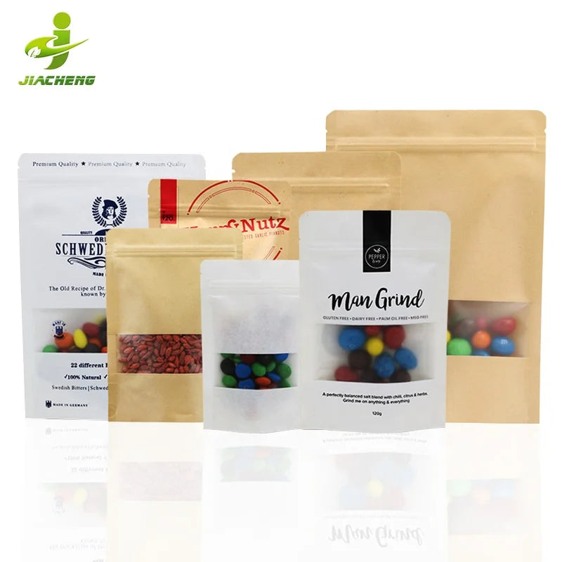 In Stock Food Grade Biodegrad Waterproof Brown Heat Seal Snack Zip Lock Craft Kraft Paper Stand up Packing Pouch Bag