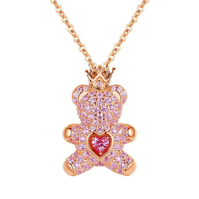 Necklace Teddy Bear With Crown Wholesale 100% 925 Sterling Silver Choker Cute Jewelry Accessories CZ Charms Birthday Gifts