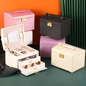 3 Layer Large Capacity Ring Earring Bracelet Gift Packaging Carrying Storage Box With Mirror PU Leather Travel Jewelry Box Case
