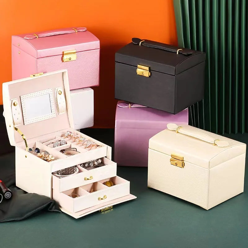 3 Layer Large Capacity Ring Earring Bracelet Gift Packaging Carrying Storage Box With Mirror PU Leather Travel Jewelry Box Case