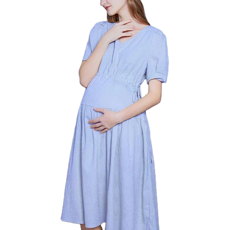 Women Pregnancy Clothes Short Sleeve V Neck Cotton Solid Color Tiered Midi Dress