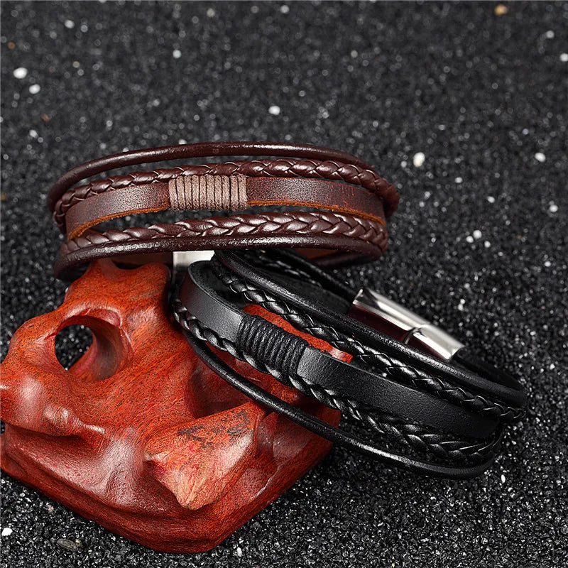 Stainless Steel Buckle Men's Wristband Leather Bracelets Classic Customize Mens Jewelry Braided Genuine Leather Bracelet