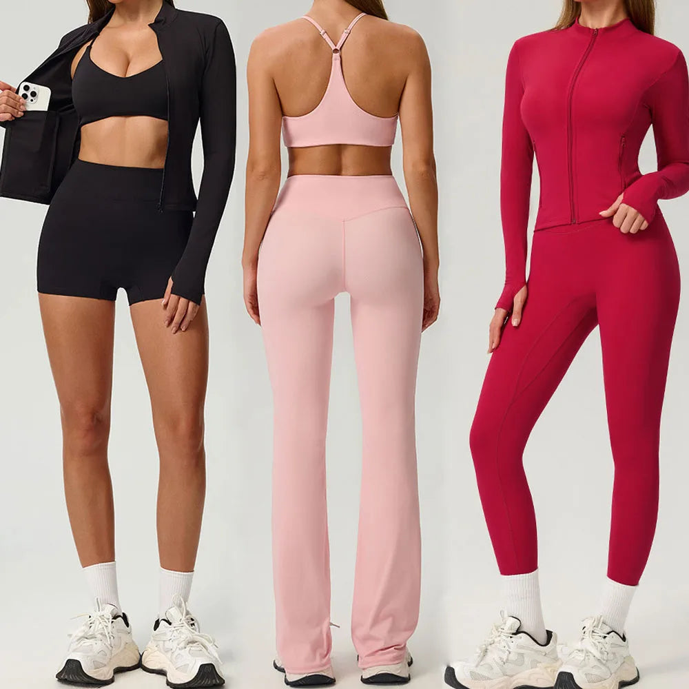 Custom Logo GYM Fitness Sport Wear Women Sport Bra Slim Zipper Jacket Yoga Flares Pants Set Yoga Leggings for Women Girls MegaBDM