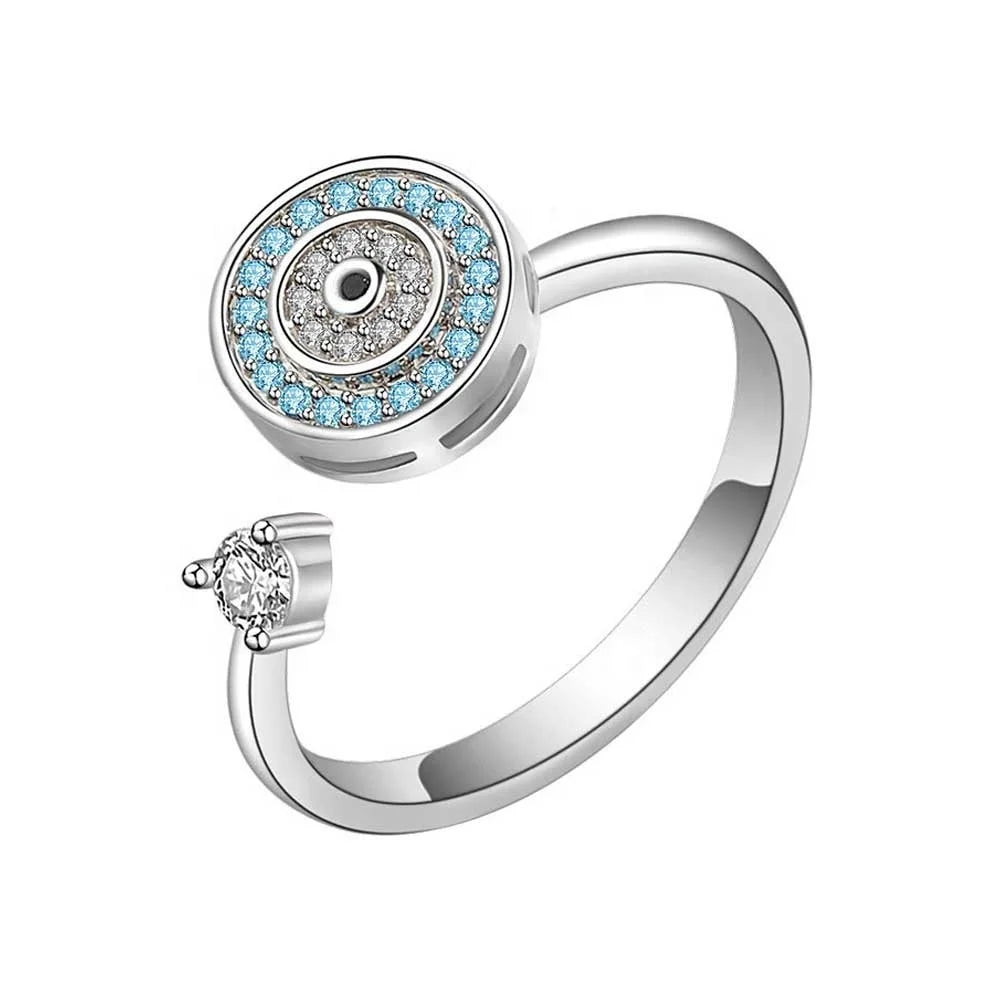 Devil Eye Design 925 Sterling Silver Adjustable Size Finger Spinner Ring Rhodium Plated Anxiety Ring