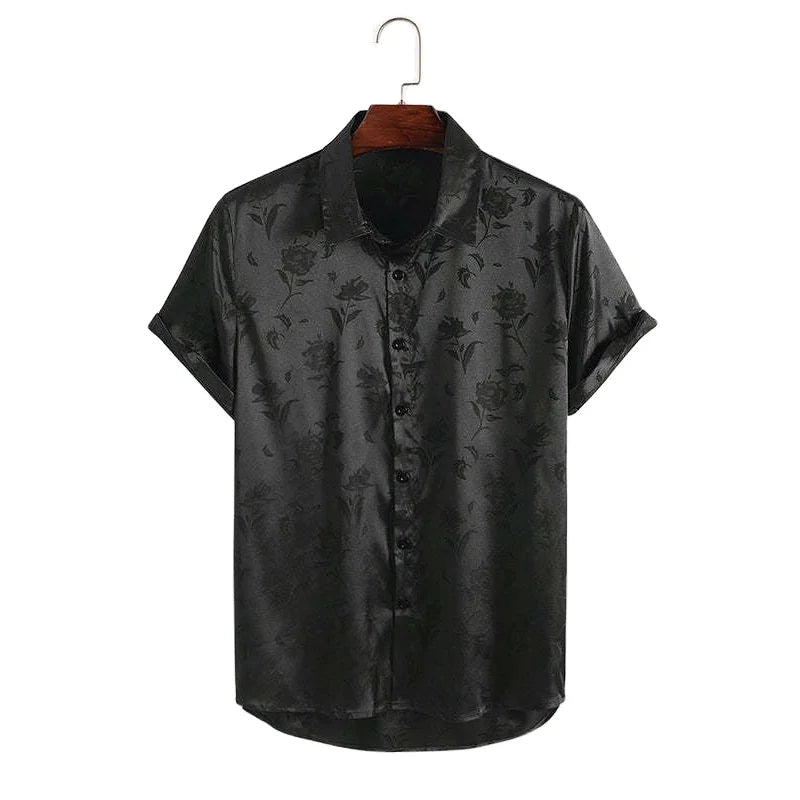 New Arrival Satin Shirts for Men Jacquard Rose Printed Silky Short Sleeve Shirt Summer Streetwear Button Blouses